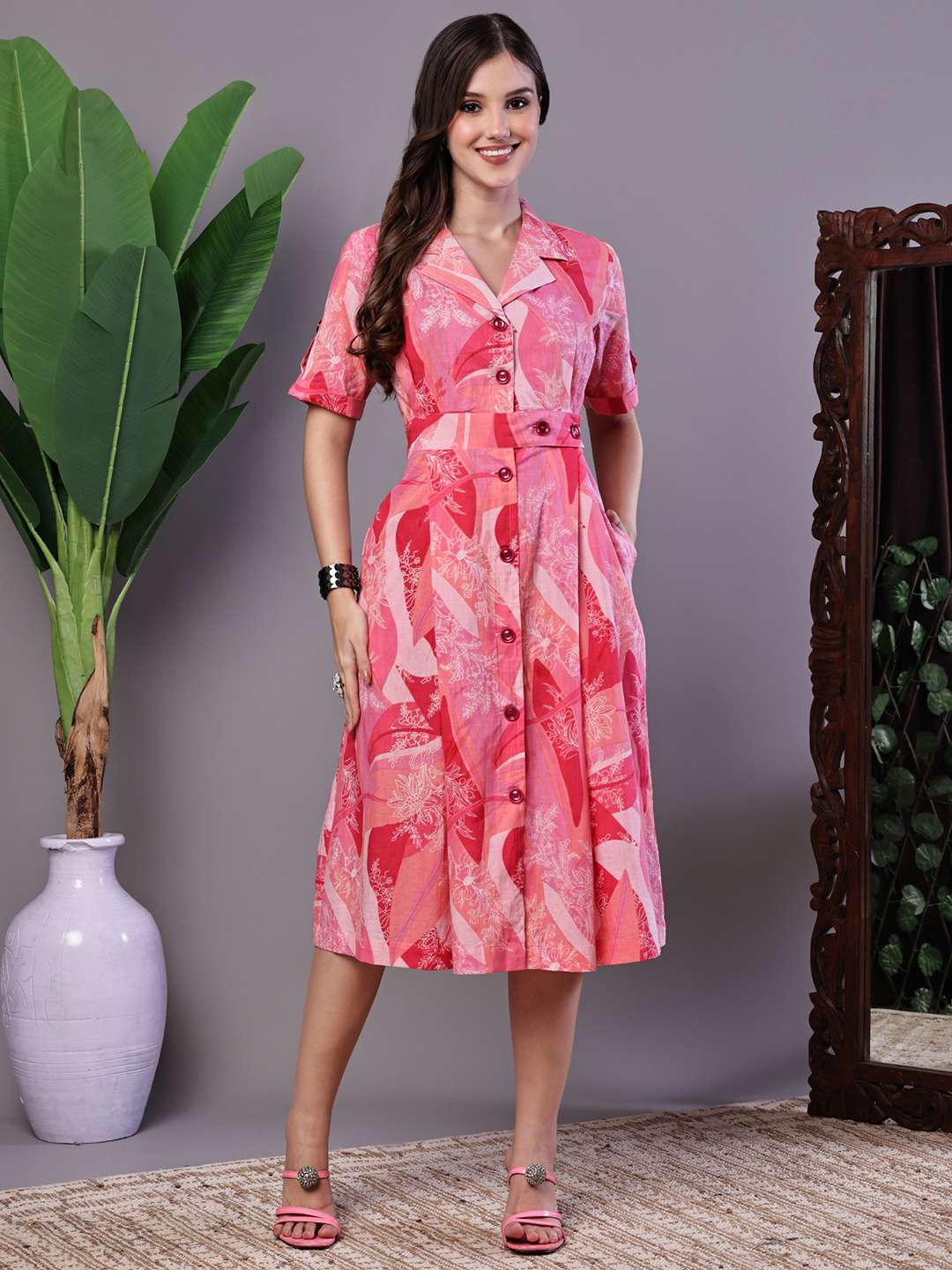 Women's Pink Printed Cotton Midi Shirt Dress