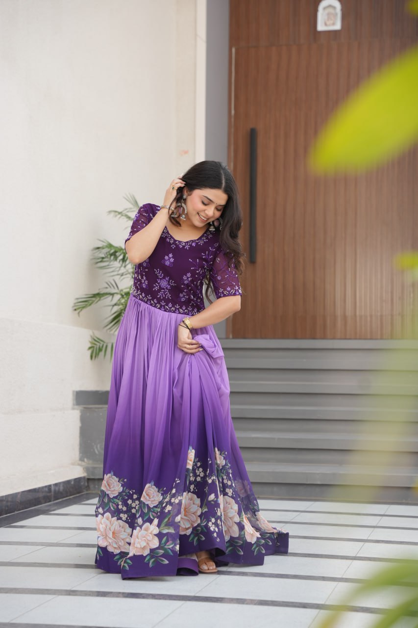 Women's Elegant Teal & Aqua Ombre Gown with Floral Printed Flair & Embellished Bodice – Perfect for Summer Festivities & Parties - Image 12