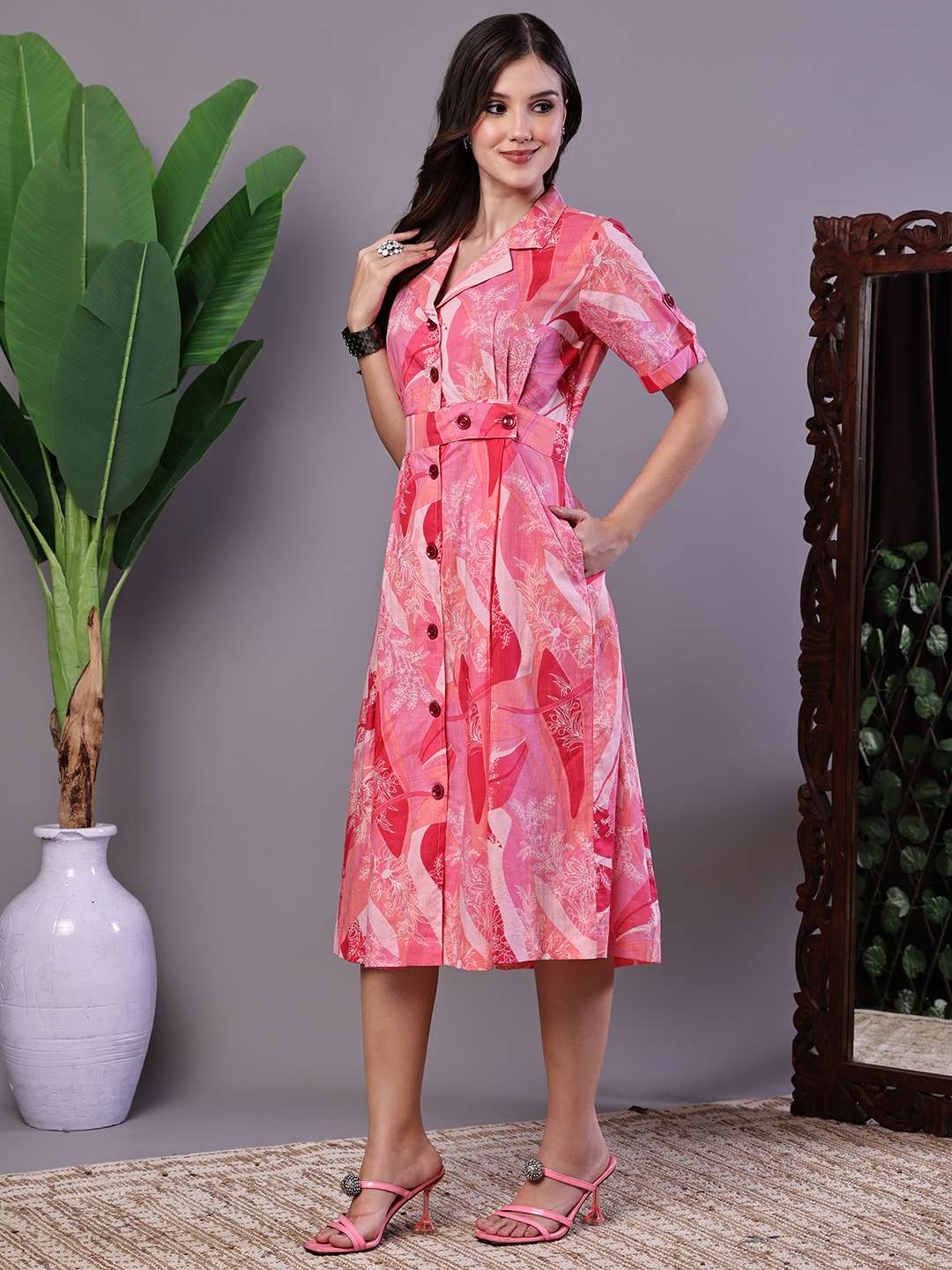 Women's Pink Printed Cotton Midi Shirt Dress - Image 3