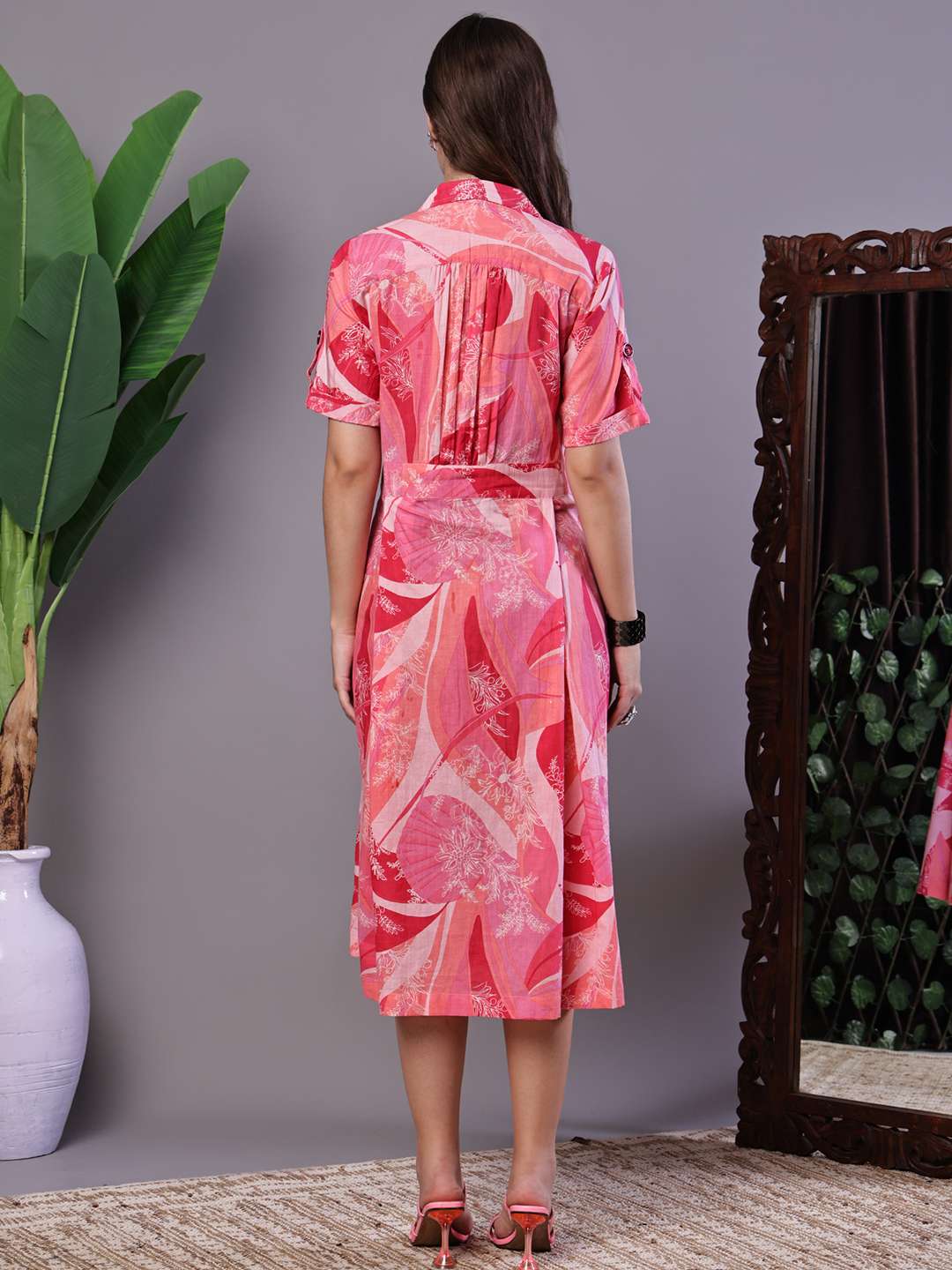 Women's Pink Printed Cotton Midi Shirt Dress - Image 2