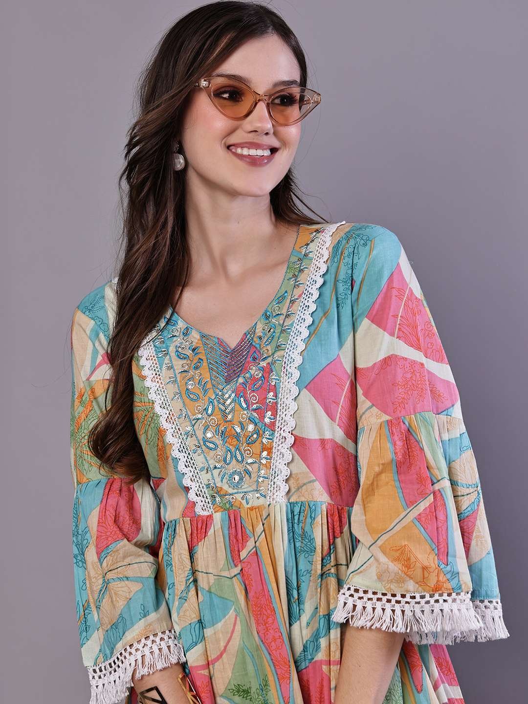 Wome's Multicolor Printed Cotton A-Line Dress with Embroidered Yoke Midi Dresses - Image 4