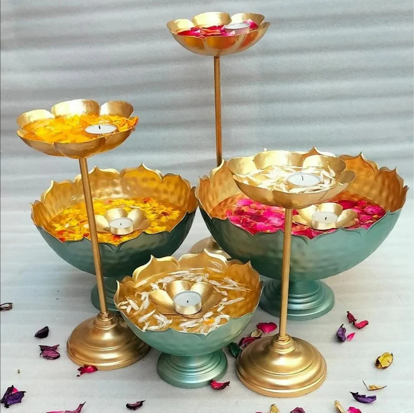 Gold And Green Brass Decorative Bowl Stand For Home Decor Pack Of Set Of 6