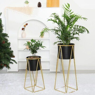 Black And Gold Metal Plant Stand For Home Decor Pack Of 2