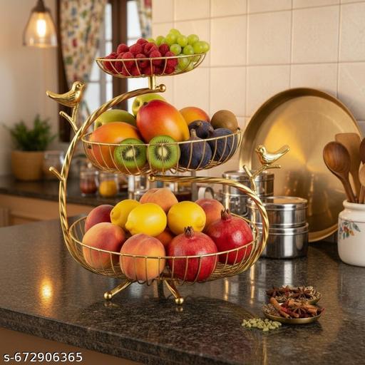 Gold Metal Fruit Basket Stand For Kitchen Pack Of 3