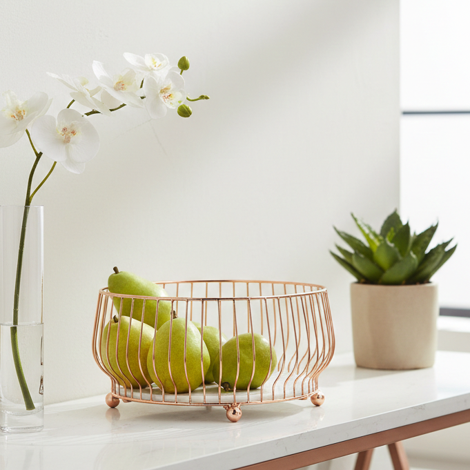 Rose Gold Metal Fruit Basket For Pooja