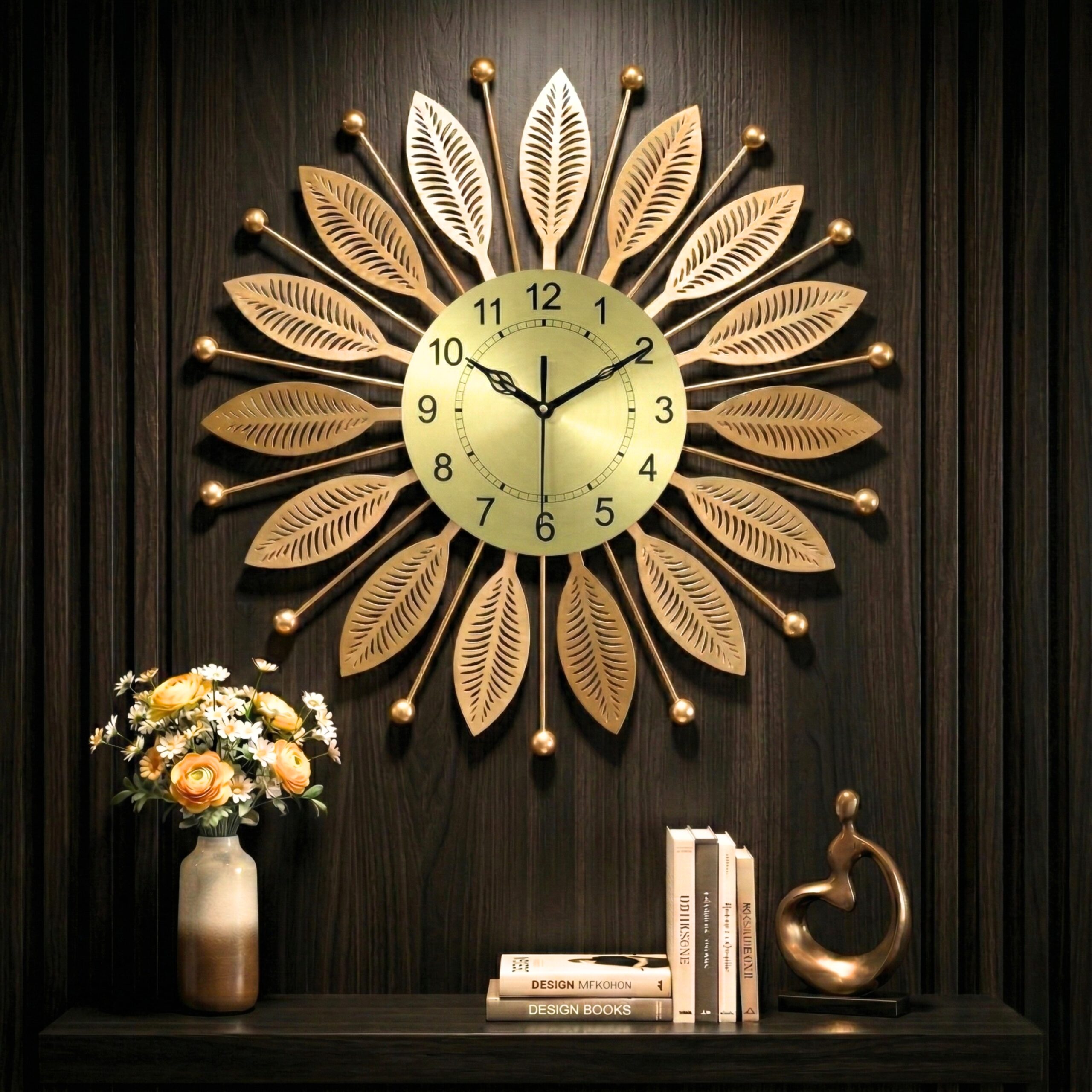 Luxury Gold Metal Leaf Wall Clock รขโฌโ Elegant Sunburst Designer Wall Clock for Living Room & Office Dรยฉcor