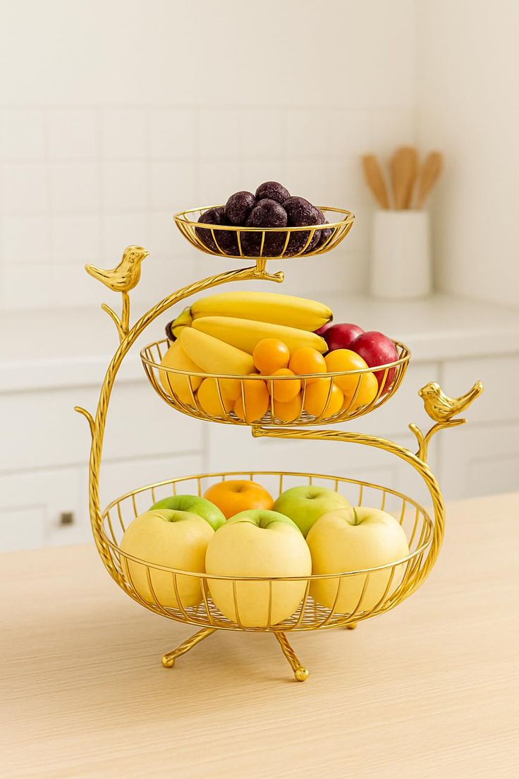 Gold Metal Fruit Basket Stand For Kitchen Pack Of 3 - Image 3