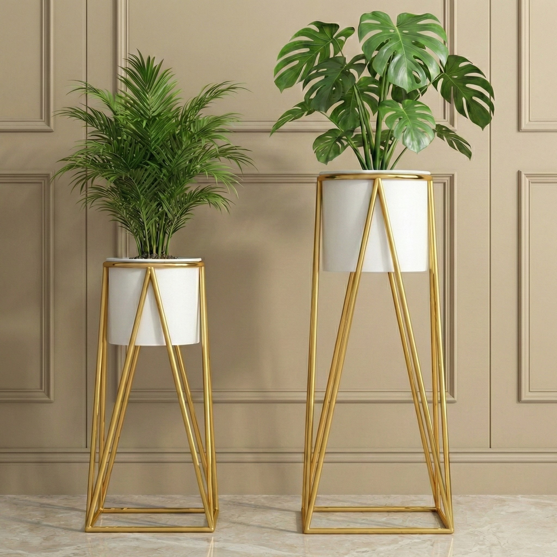 Gold And White Metal Plant Stand For Home Decor Pack Of 2