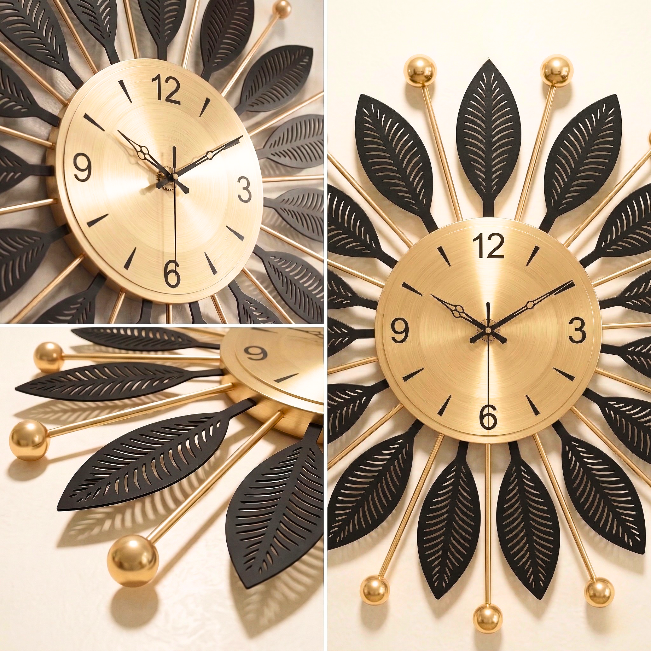 Luxury Black & Gold Metal Leaf Wall Clock â€“ Modern Decorative Silent Wall Clock for Living Room & Bedroom - Image 6