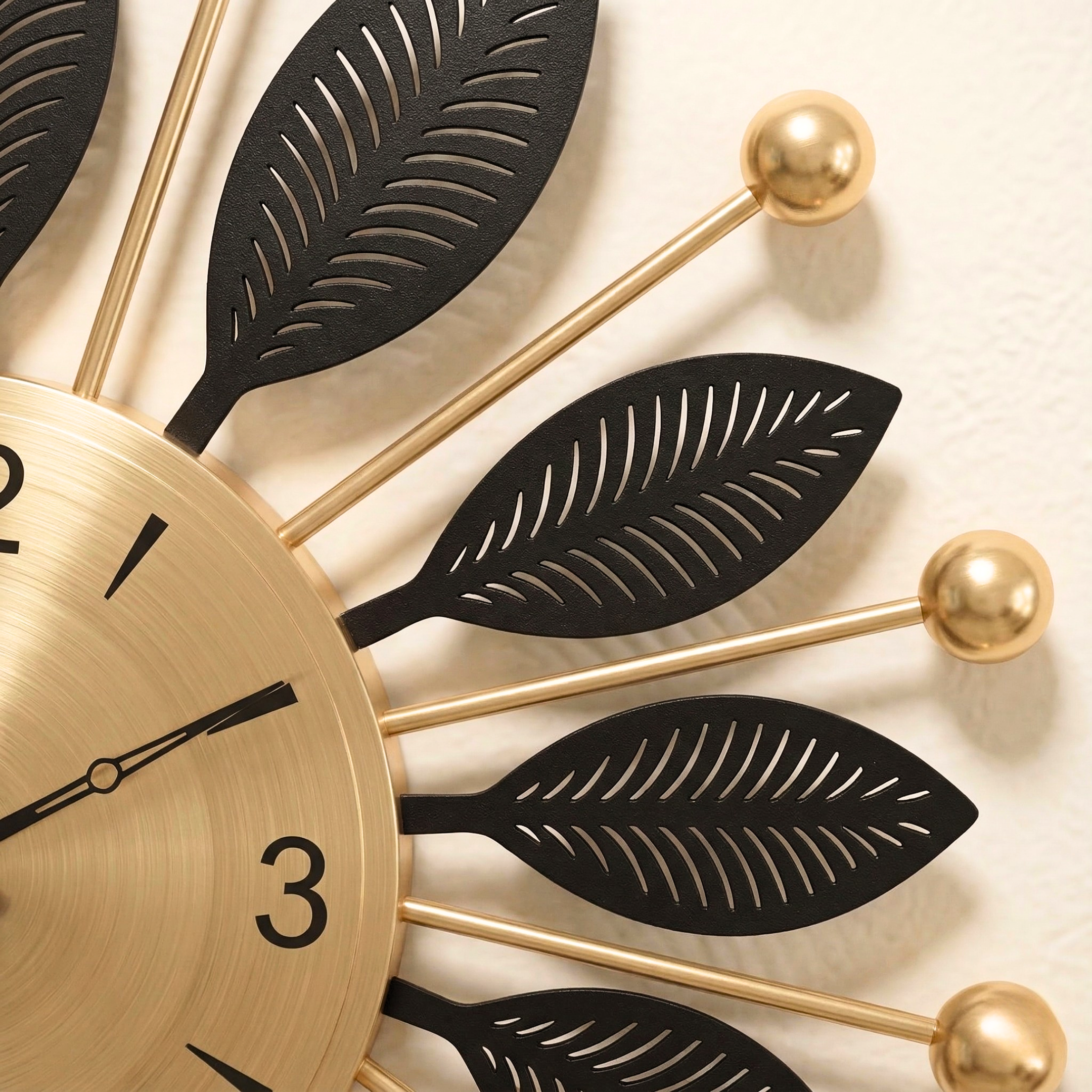 Luxury Black & Gold Metal Leaf Wall Clock â€“ Modern Decorative Silent Wall Clock for Living Room & Bedroom - Image 3