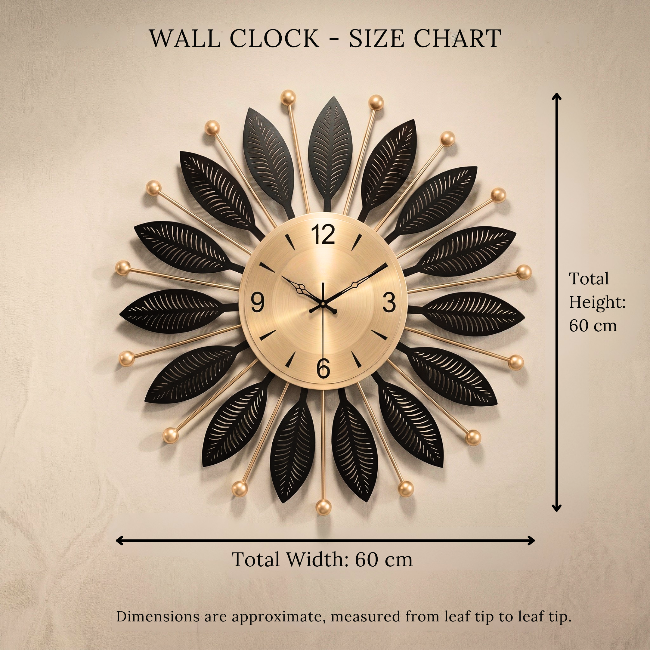 Luxury Black & Gold Metal Leaf Wall Clock â€“ Modern Decorative Silent Wall Clock for Living Room & Bedroom - Image 5