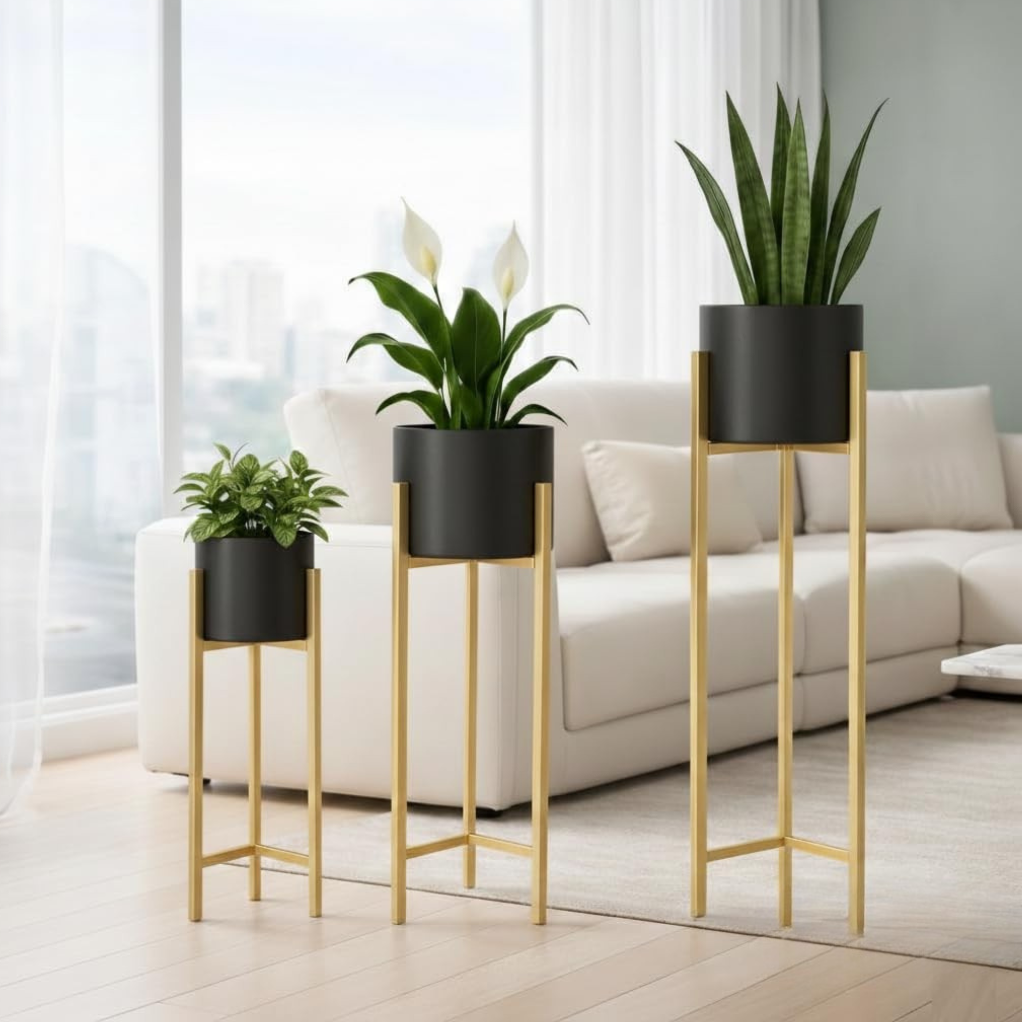 Modern Black & Gold Metal Plant Stand Set of 3 รขโฌโ Elegant Indoor Planter Stands for Living Room & Home Dรยฉcor