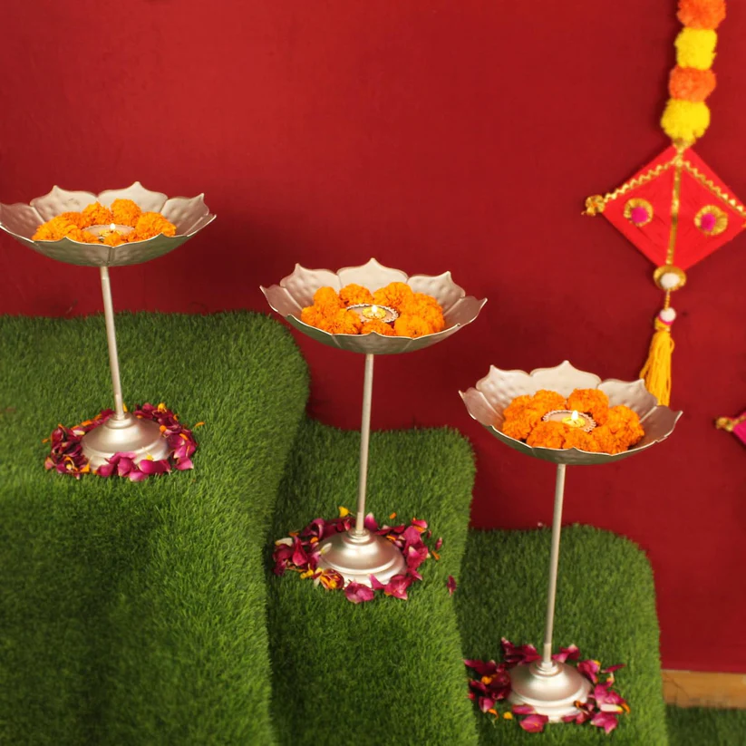 Gold Metal Diya Stand For Pooja Pack Of 3