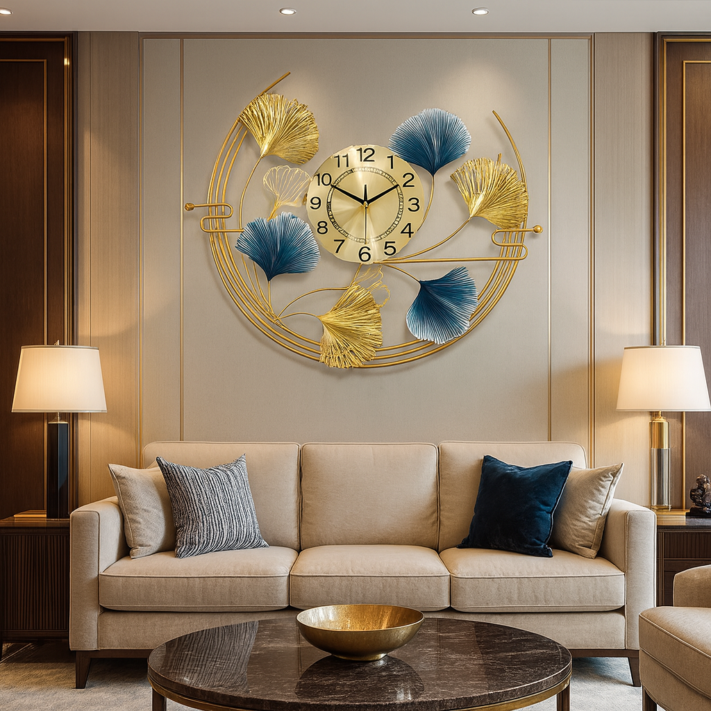 Gold And Blue Metal Wall Clock For Home Decor