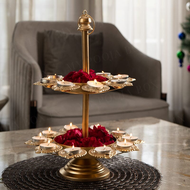 Gold Brass Diya Stand For Pooja - Image 2