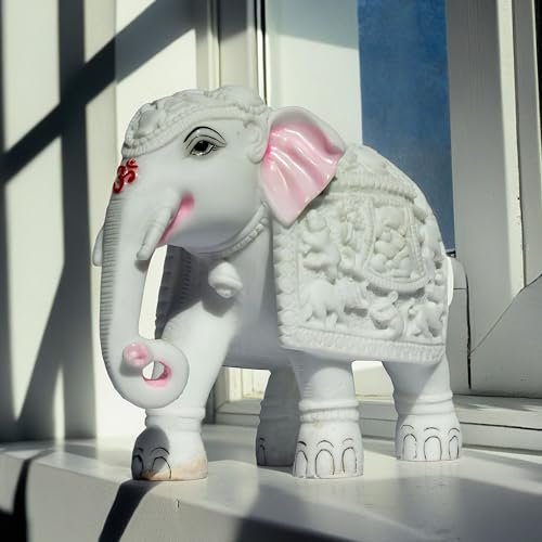 White Elephant Statue Trunk Down Hathi Figurine Big Size 7 inch Elephant Marble Resin Decorative Showpiece for Vastu, Study Room, Work Table, Gifting (7 x 8 inch) - Image 7