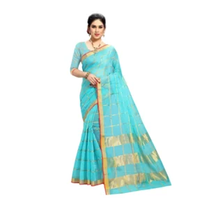 Spherevant Women's Kota Doria Cotton Saree With Blouse (Sky Blue,6-3 Mtrs)