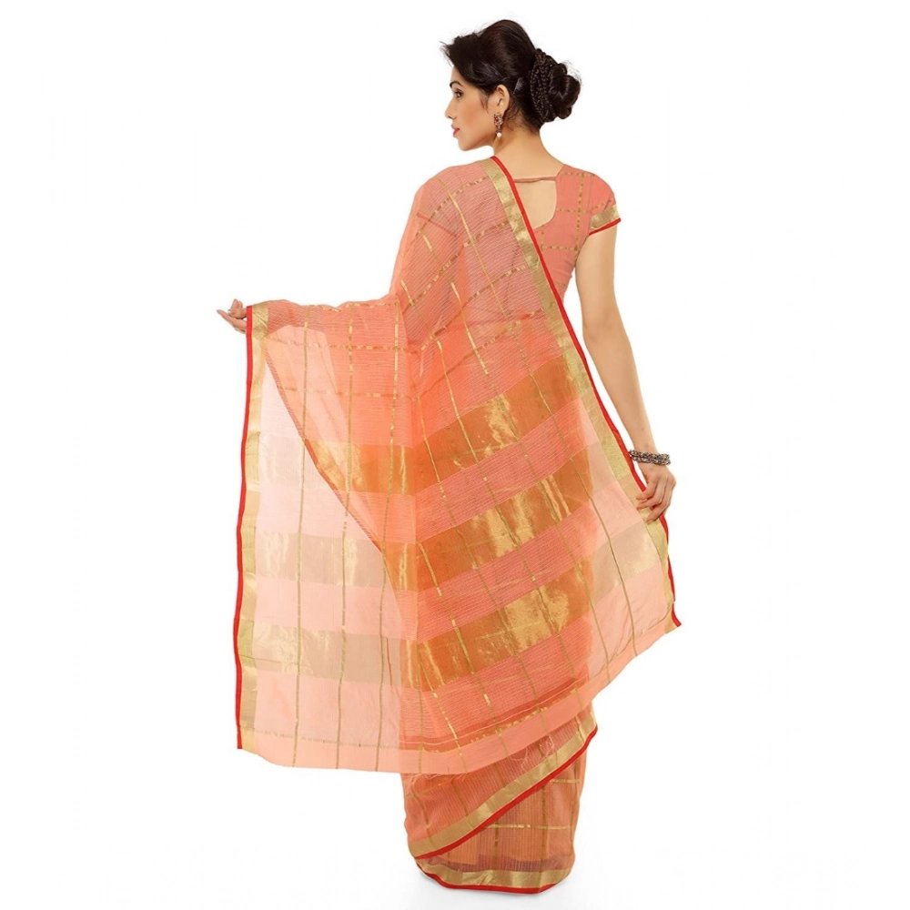 Spherevant Women's Kota Doria Cotton Saree With Blouse (Peach,6-3 Mtrs) - Image 2