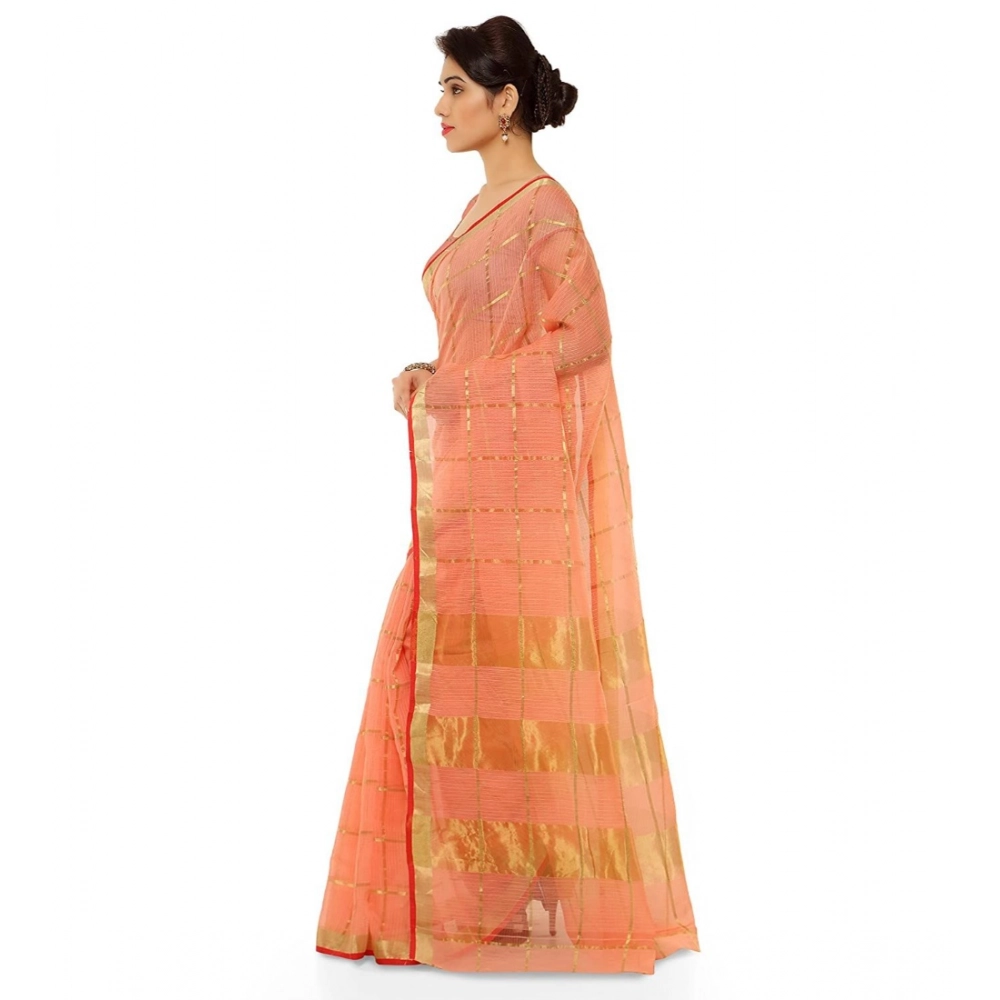 Spherevant Women's Kota Doria Cotton Saree With Blouse (Peach,6-3 Mtrs) - Image 3