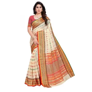 Spherevant Women's Kota Doria Cotton Woven Butta Saree With Blouse (Cream, 5-6 Mtrs)