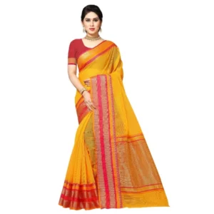 Spherevant Women's Kota Doria Cotton Border Saree With Blouse (Gold, 5-6 Mtrs)