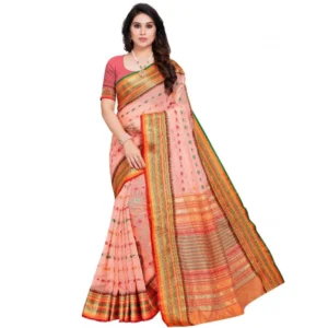 Spherevant Women's Kota Doria Cotton Woven Butta Saree With Blouse (Peach, 5-6 Mtrs)