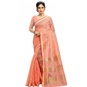 Spherevant Women's Kota Doria Cotton Checked Saree With Blouse (Peach, 5-6 Mtrs)