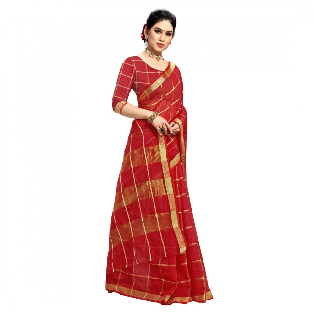 Spherevant Women's Kota Doria Cotton Checked Saree With Blouse (Red, 5-6 Mtrs) - Image 2