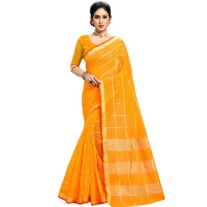Spherevant Women's Kota Doria Cotton Checked Saree With Blouse (Yellow, 5-6 Mtrs)