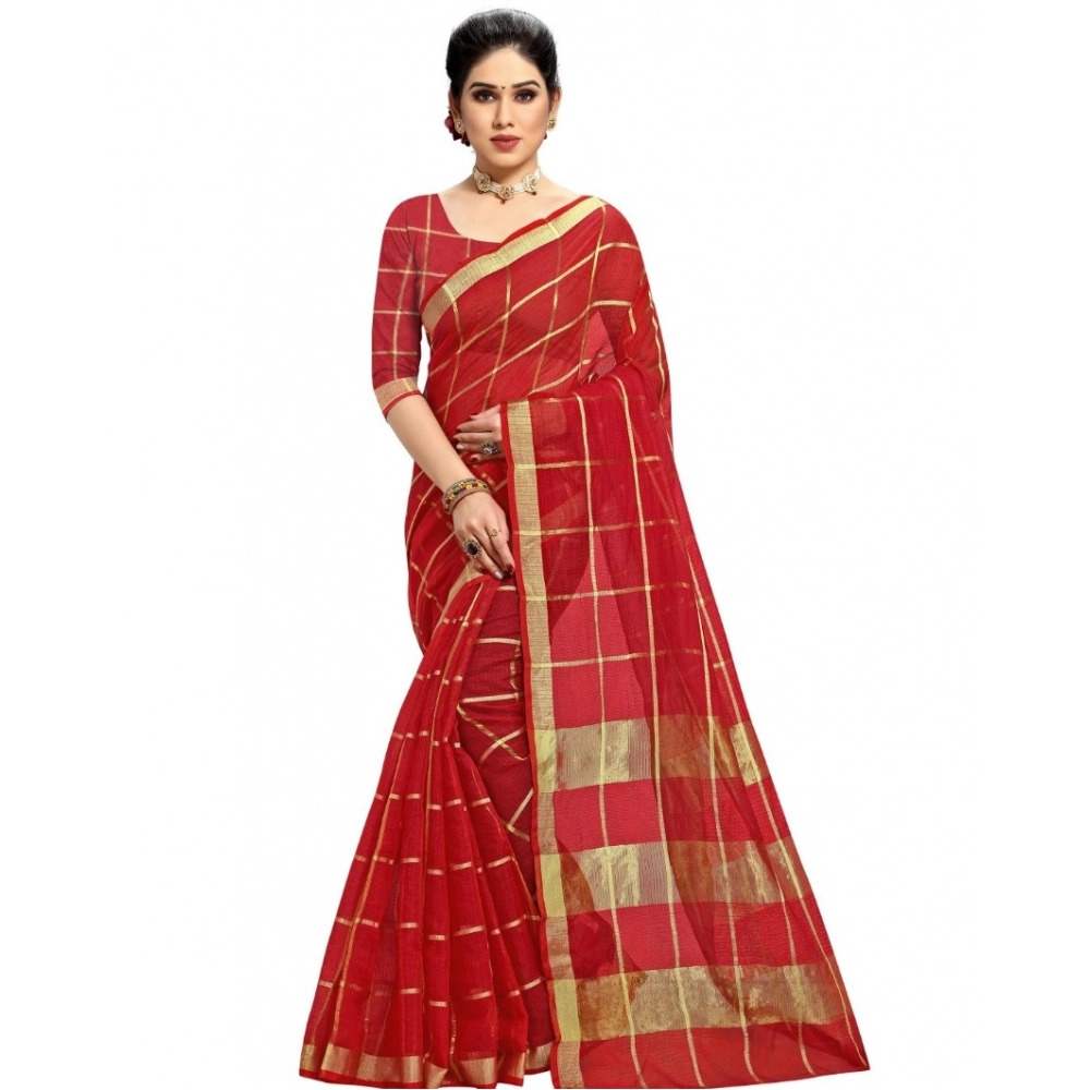 Spherevant Women's Kota Doria Cotton Checked Saree With Blouse (Red, 5-6 Mtrs)