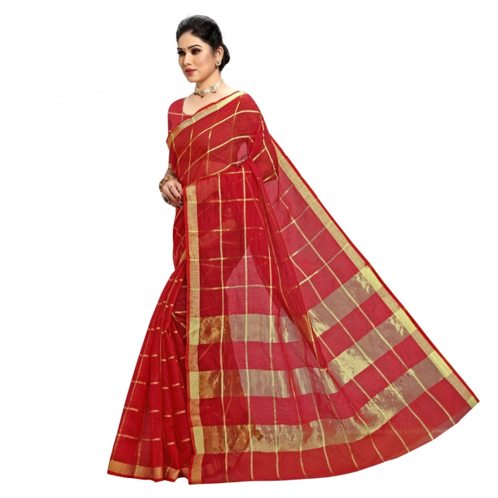 Spherevant Women's Kota Doria Cotton Checked Saree With Blouse (Red, 5-6 Mtrs) - Image 3