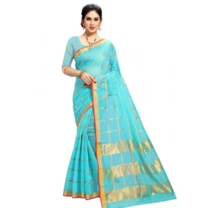 Spherevant Women's Kota Doria Cotton Checked Saree With Blouse (Sky Blue, 5-6 Mtrs)