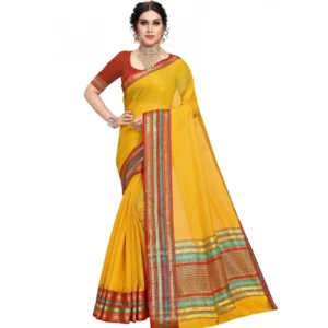 Spherevant Women's Kota Doria Cotton Bordered Saree With Blouse (Yellow, 5-6 Mtrs)