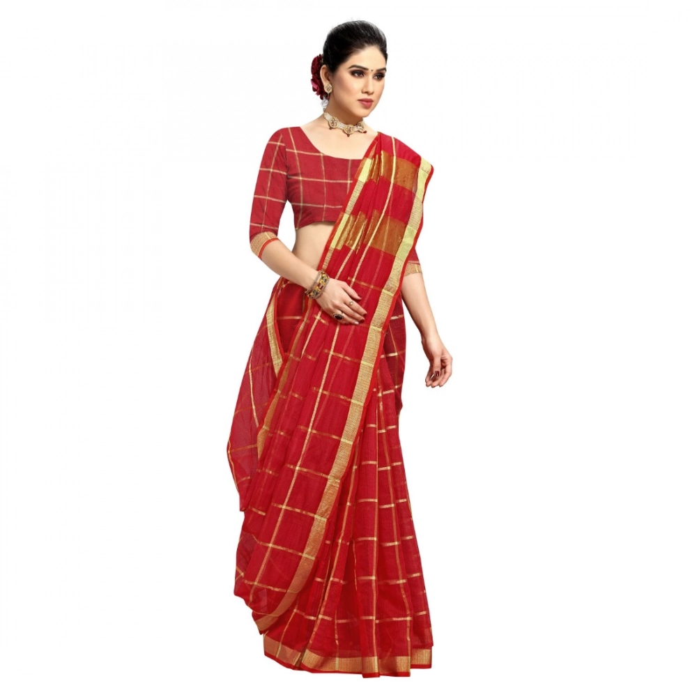 Spherevant Women's Kota Doria Cotton Checked Saree With Blouse (Red, 5-6 Mtrs) - Image 5