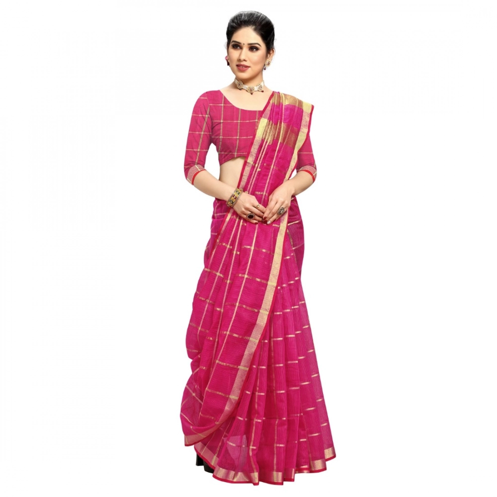 Spherevant Women's Kota Doria Cotton Checked Saree With Blouse (Rani, 5-6 Mtrs) - Image 4