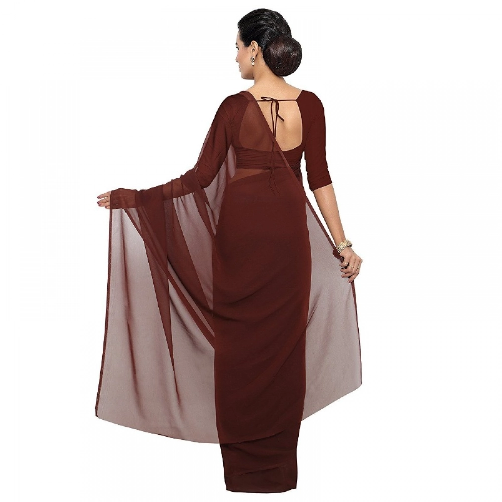 Spherevant Women's Georgette Plain Saree With Blouse (Coffee, 5-6 Mtrs) - Image 2