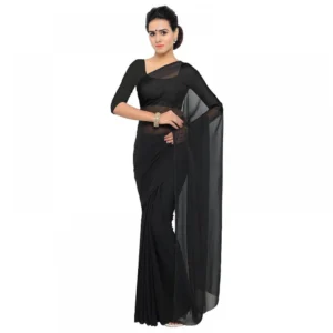 Spherevant Women's Georgette Plain Saree With Blouse (Black, 5-6 Mtrs)
