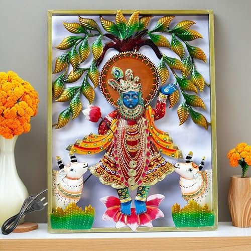 Lord Shrinathji Iron Metal Wall Décor (24x18in) – Handcrafted Krishna Religious Décor Showpiece | Vibrant Hindu Artwork with LED Backlight for Home, Pooja Room & Gifting (SrinathJi)