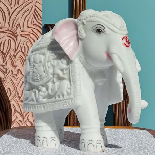 White Elephant Statue Trunk Down Hathi Figurine Big Size 7 inch Elephant Marble Resin Decorative Showpiece for Vastu, Study Room, Work Table, Gifting (7 x 8 inch) - Image 2