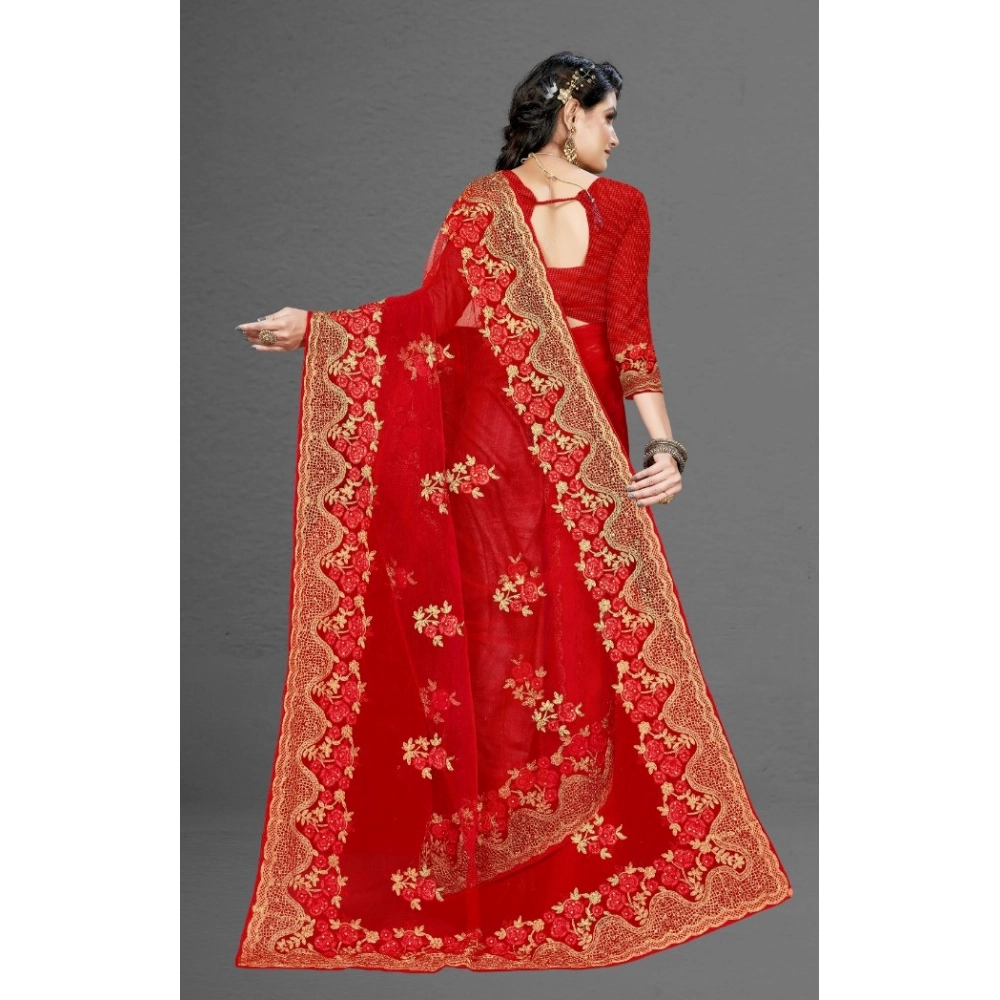 Spherevant Women's Net Saree With Blouse (Red, 5-6Mtrs) - Image 5