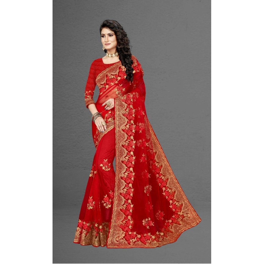 Spherevant Women's Net Saree With Blouse (Red, 5-6Mtrs) - Image 2