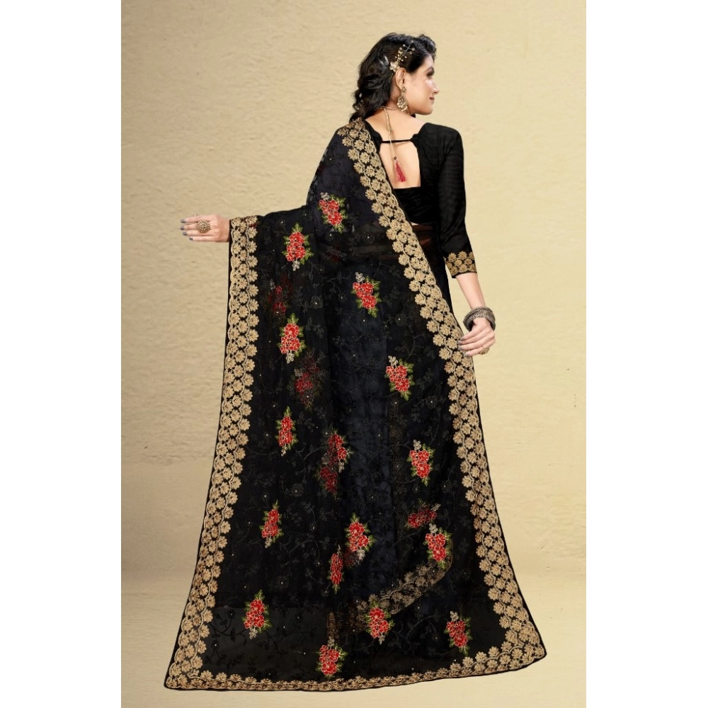 Spherevant Women's Net Saree With Blouse (Black, 5-6Mtrs) - Image 5