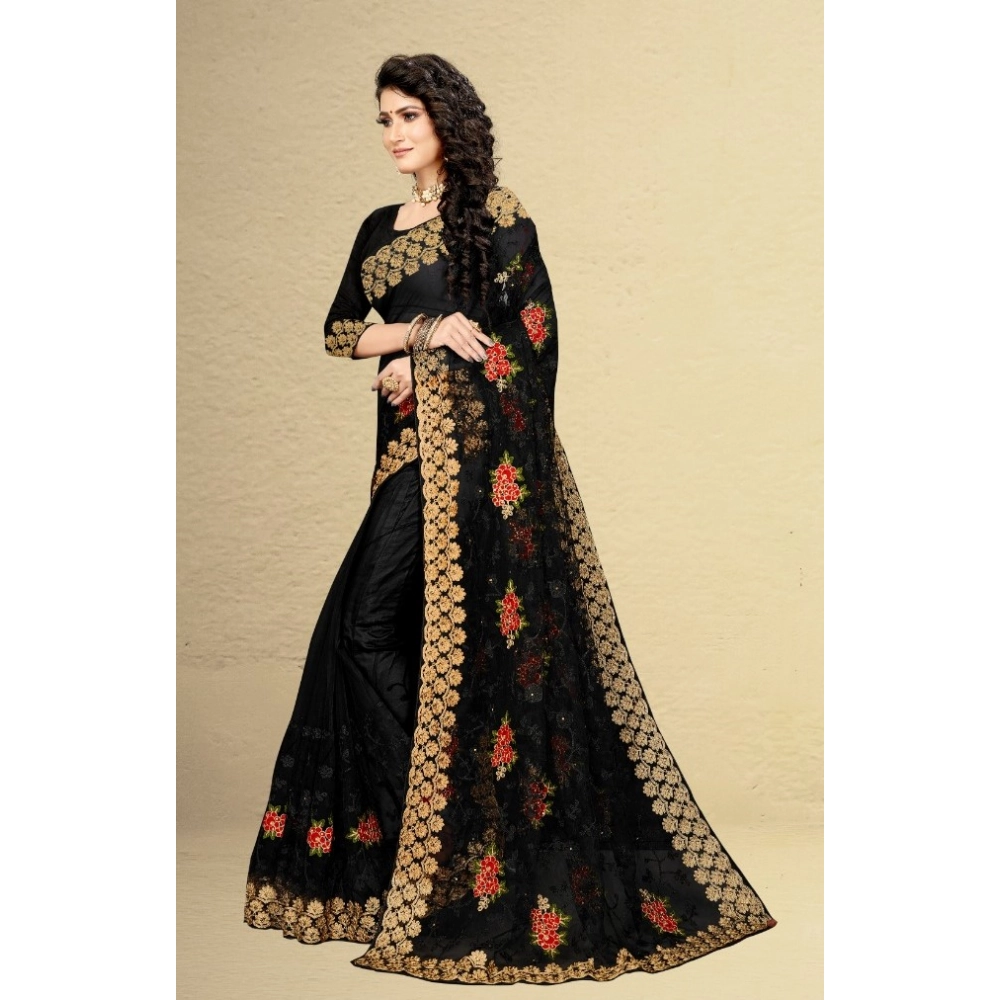 Spherevant Women's Net Saree With Blouse (Black, 5-6Mtrs) - Image 3