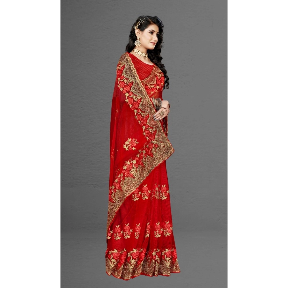 Spherevant Women's Net Saree With Blouse (Red, 5-6Mtrs) - Image 4