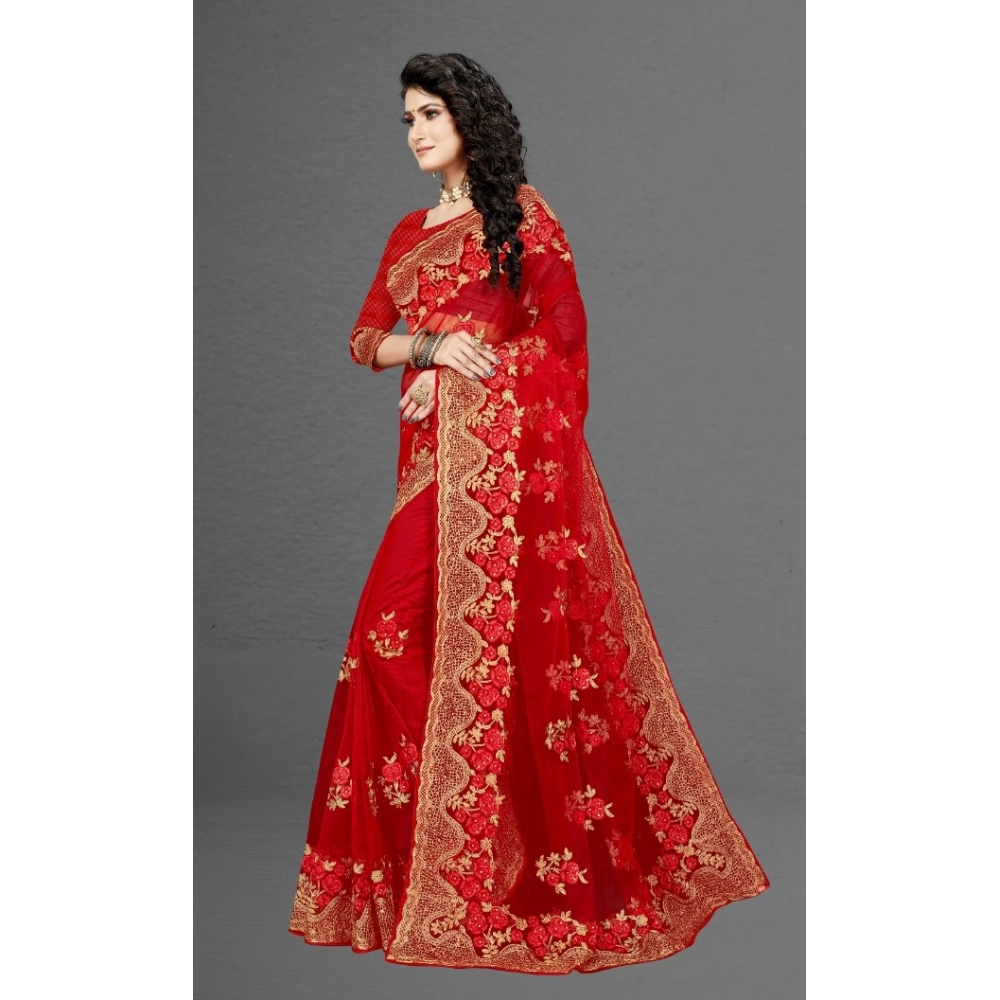 Spherevant Women's Net Saree With Blouse (Red, 5-6Mtrs) - Image 3