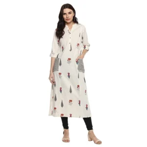 Spherevant Women's Khadi Printed A Line Kurti (Off White, Khadi)