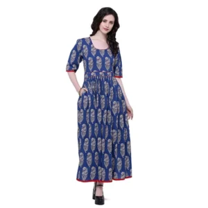 Spherevant Women's Cotton Printed Anarkali Kurti (Blue, Cotton)