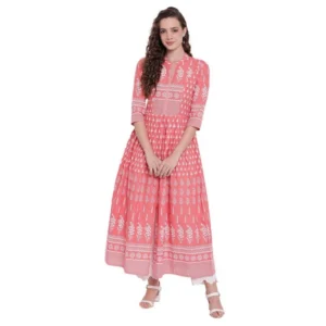 Spherevant Women's Cotton Printed Regular Kurti (Peach, Cotton)