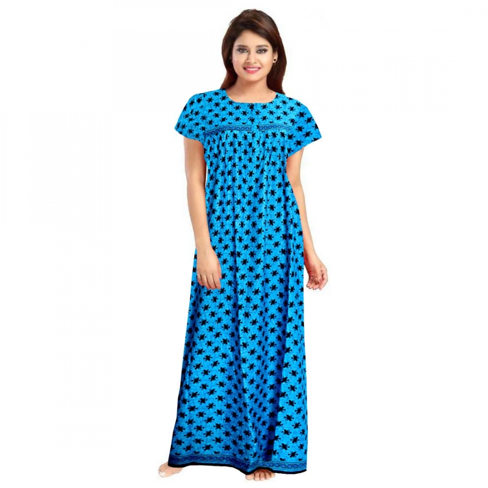 Spherevant Women's Cotton Printed Maxi Nighty (Aqua Blue)