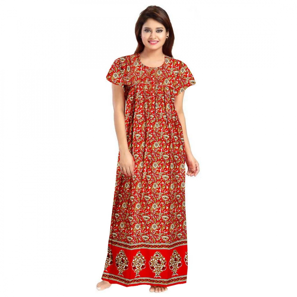 Spherevant Women's Cotton Printed Maxi Nighty (Red)